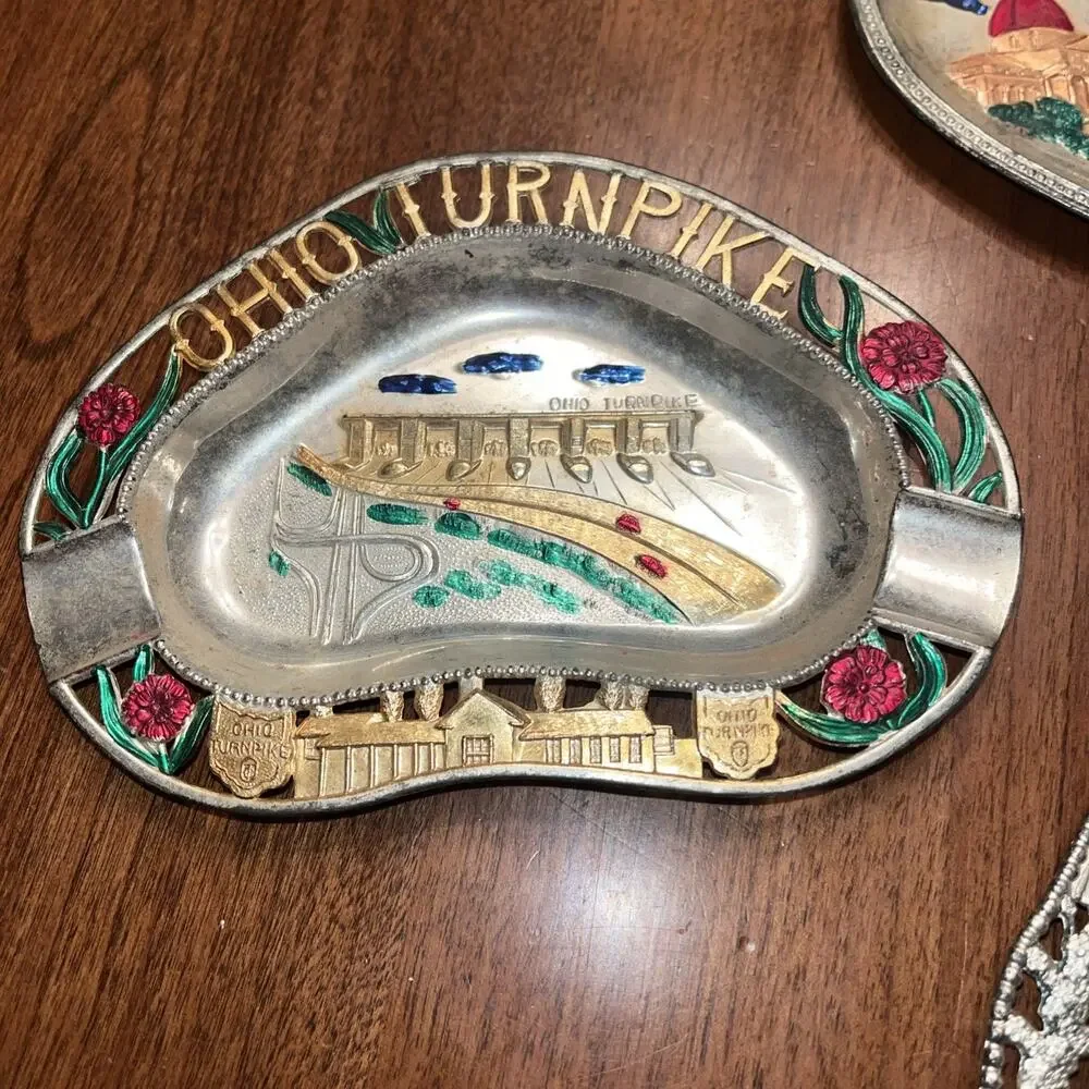 Vintage Japan Trinket Dish Tin Travel Souvenir State Ashtray Boston, MA NH OH IN